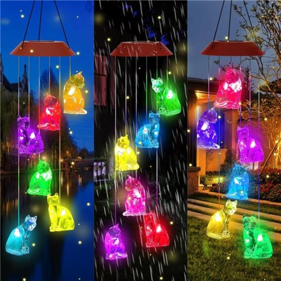 Cat Solar Wind Chimes Light,Solar Cat Wind Chimes Outside,Cat Solar Light Gifts - Picture 6 of 7